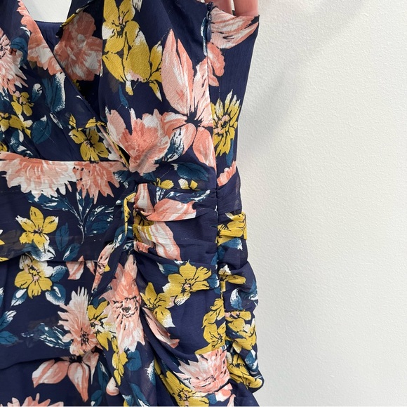 Lulus Stunning Soiree Navy Blue Floral Print Ruched Midi Dress Ruffles Medium - Picture 9 of 16
